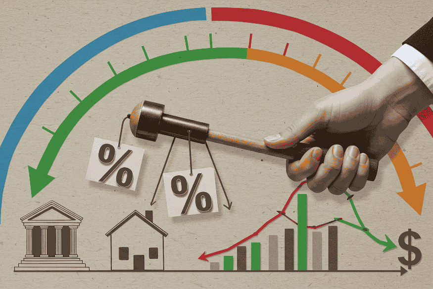 Grafik mit Zins-Hammer, Skala und Kurvenverlauf zu Banken, Hauskredit und Zinssätzen als Vergleich zum Dispo