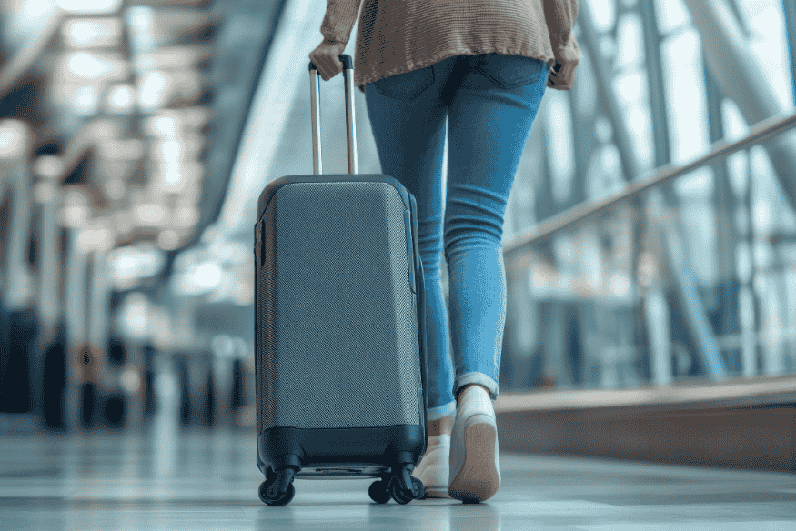 Person zieht einen Rollkoffer durch einen Flughafen – Symbol für Reisen mit gesammelten Meilen und Bonuspunkten.