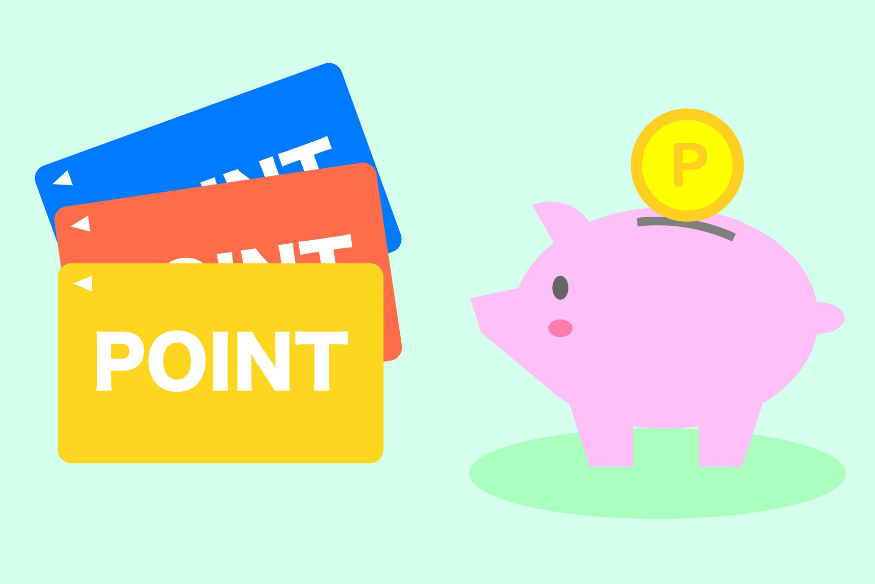 Illustration mit Bonuspunktekarten und einem Sparschwein – Darstellung von Punktesammeln und Einlösen im Bonusprogramm.