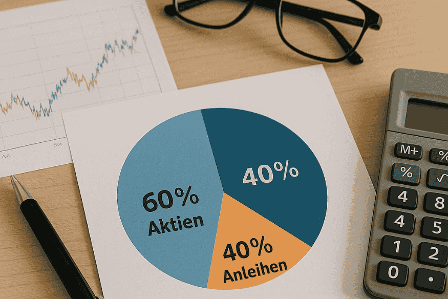 Tortendiagramm mit Aufteilung in Aktien und Anleihen als Beispiel für ausgewogene Portfolio-Gewichtung