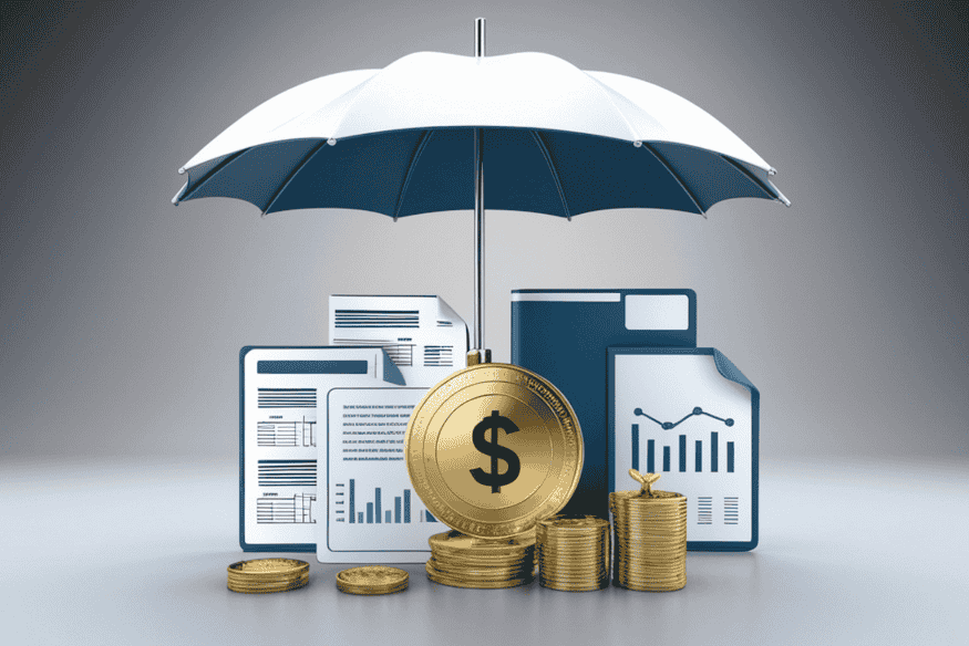 Schirm über Münzen und Finanzunterlagen steht für Sicherheit und Risikomanagement bei Robo-Advisor-Portfolios